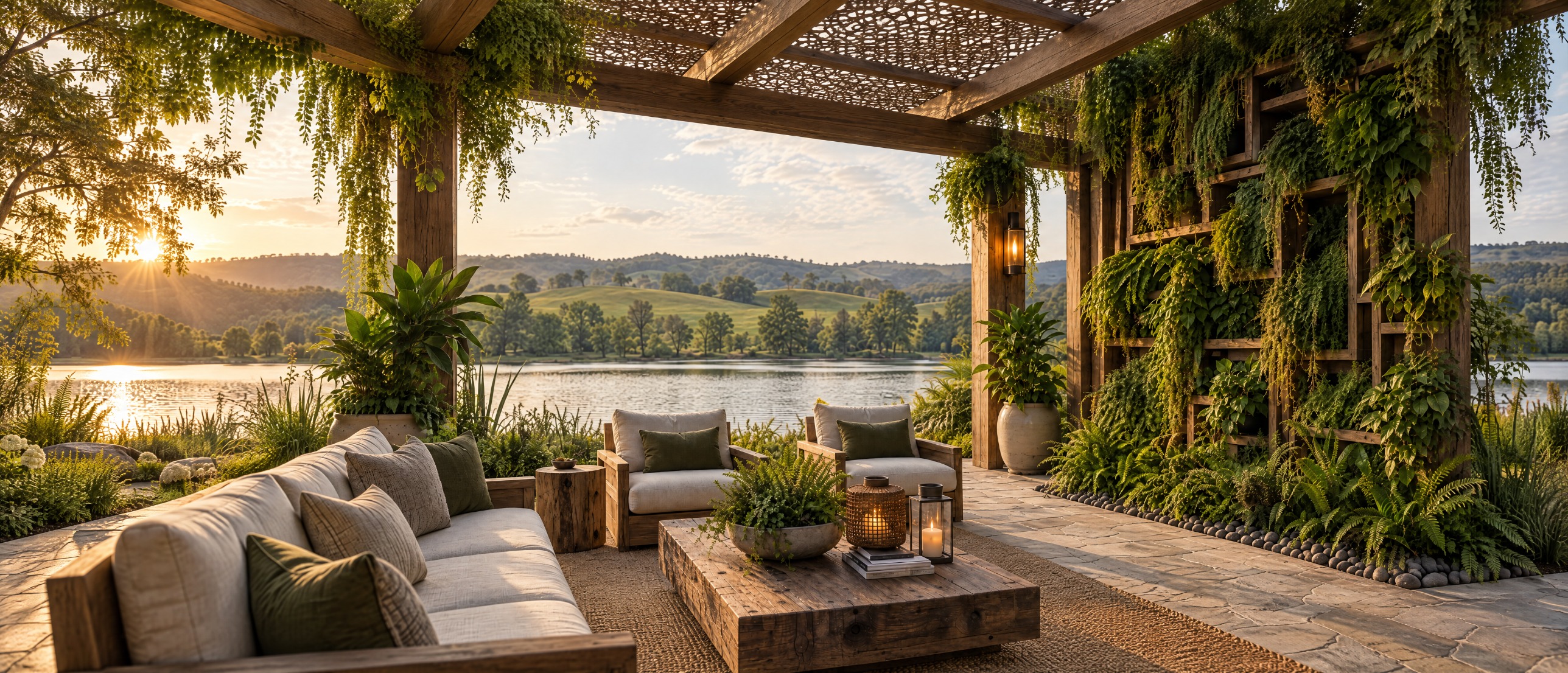 Pergola lounge looking over the lake at sunset