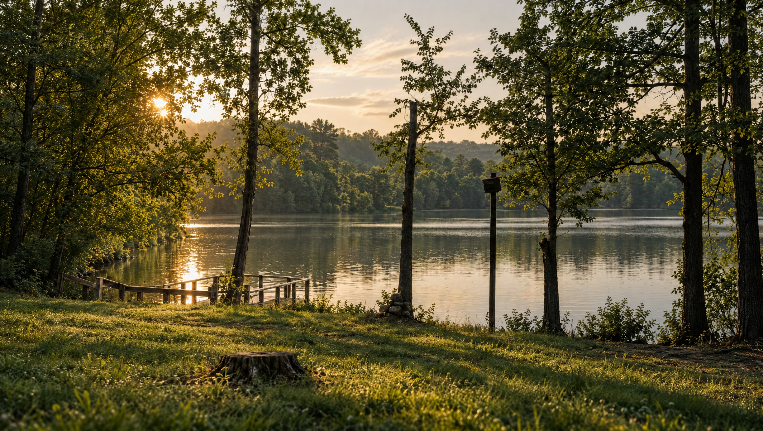 The lake and dock at sunset