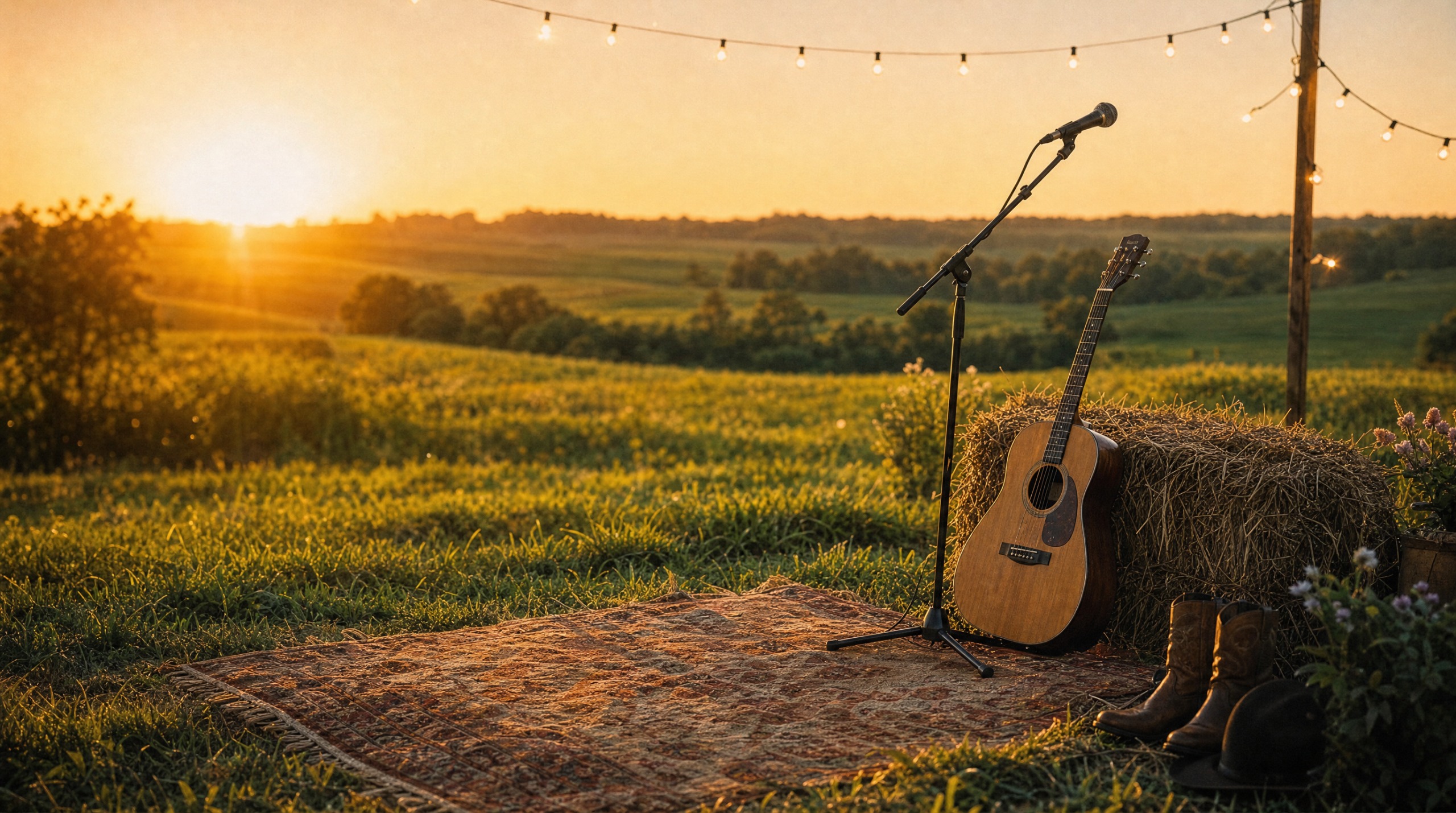Guitar and microphone in a field at sunset