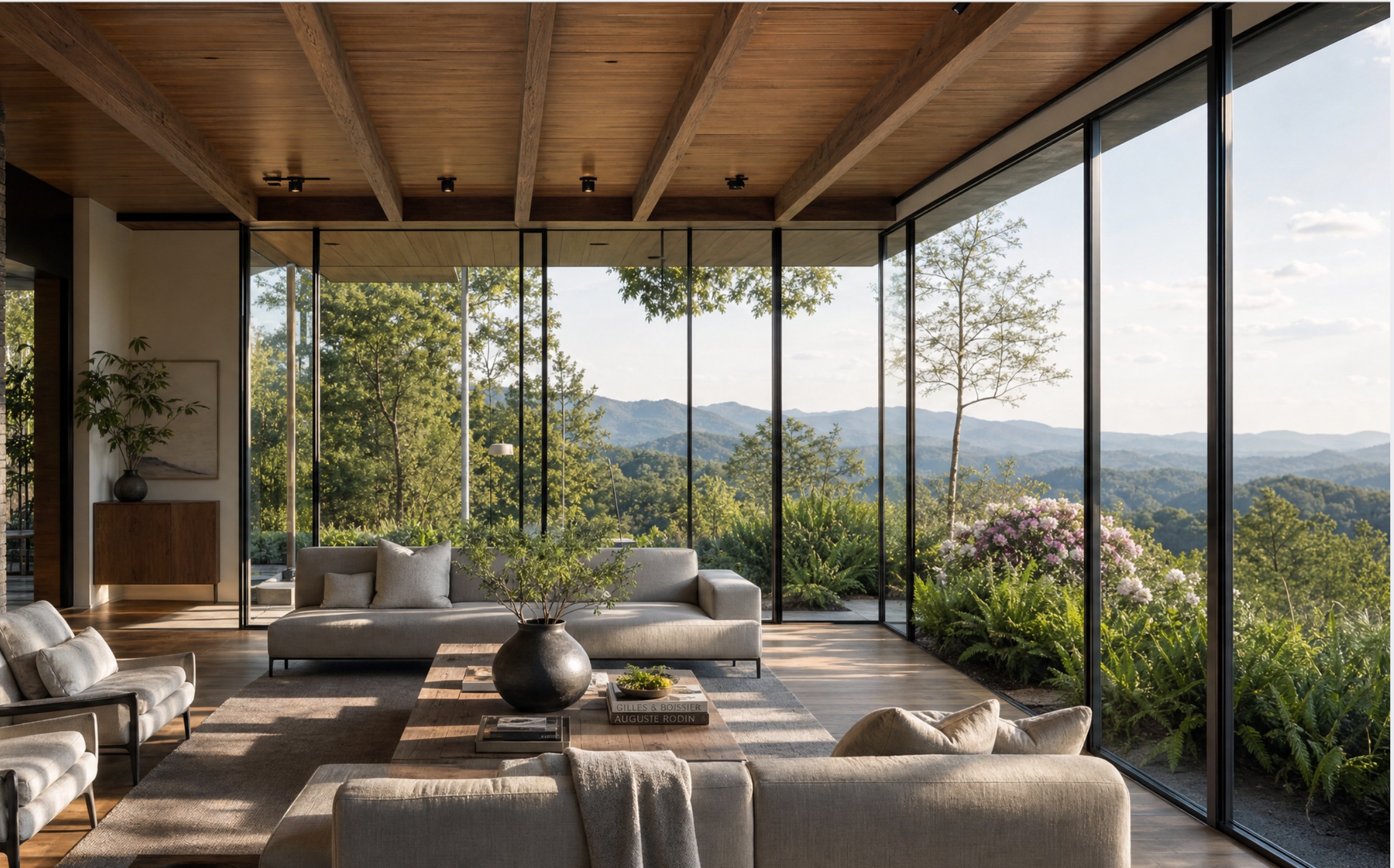 Glass-walled living room looking into the forest
